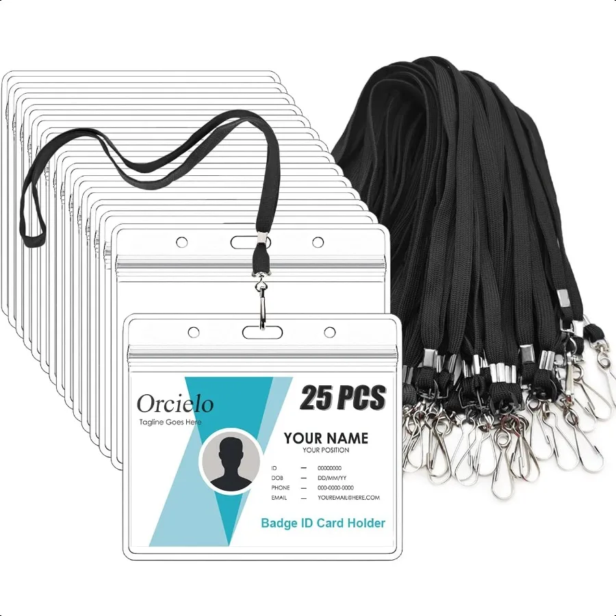 

25Pcs Clear Plastic Horizontal Name Tags Badge ID Card Holders and 25Pcs Flat Neck Lanyards Black