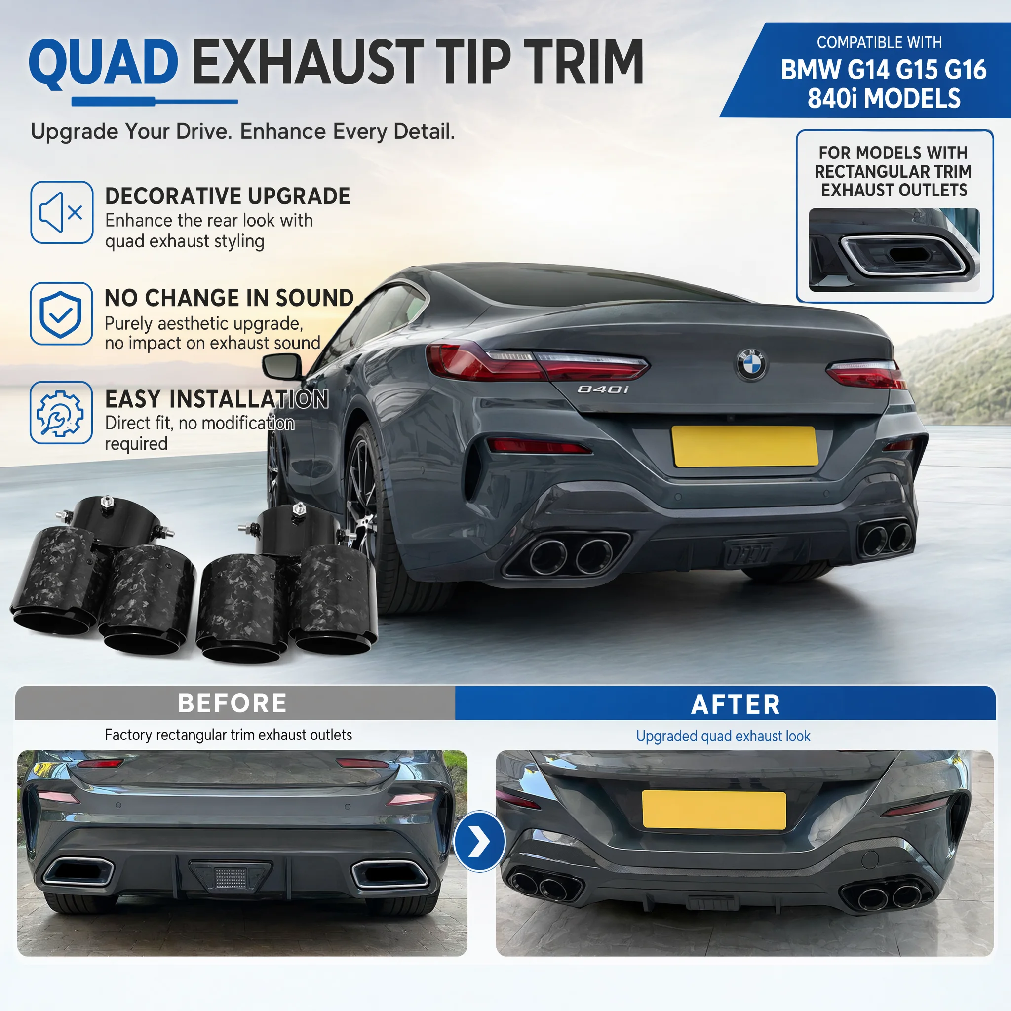 1 Pair Square to Quad Exhaust Tip For BMW 8 Series G14 G15 G16 840i Carbon Fiber Black Muffler Tailpipe M Style End Nozzle