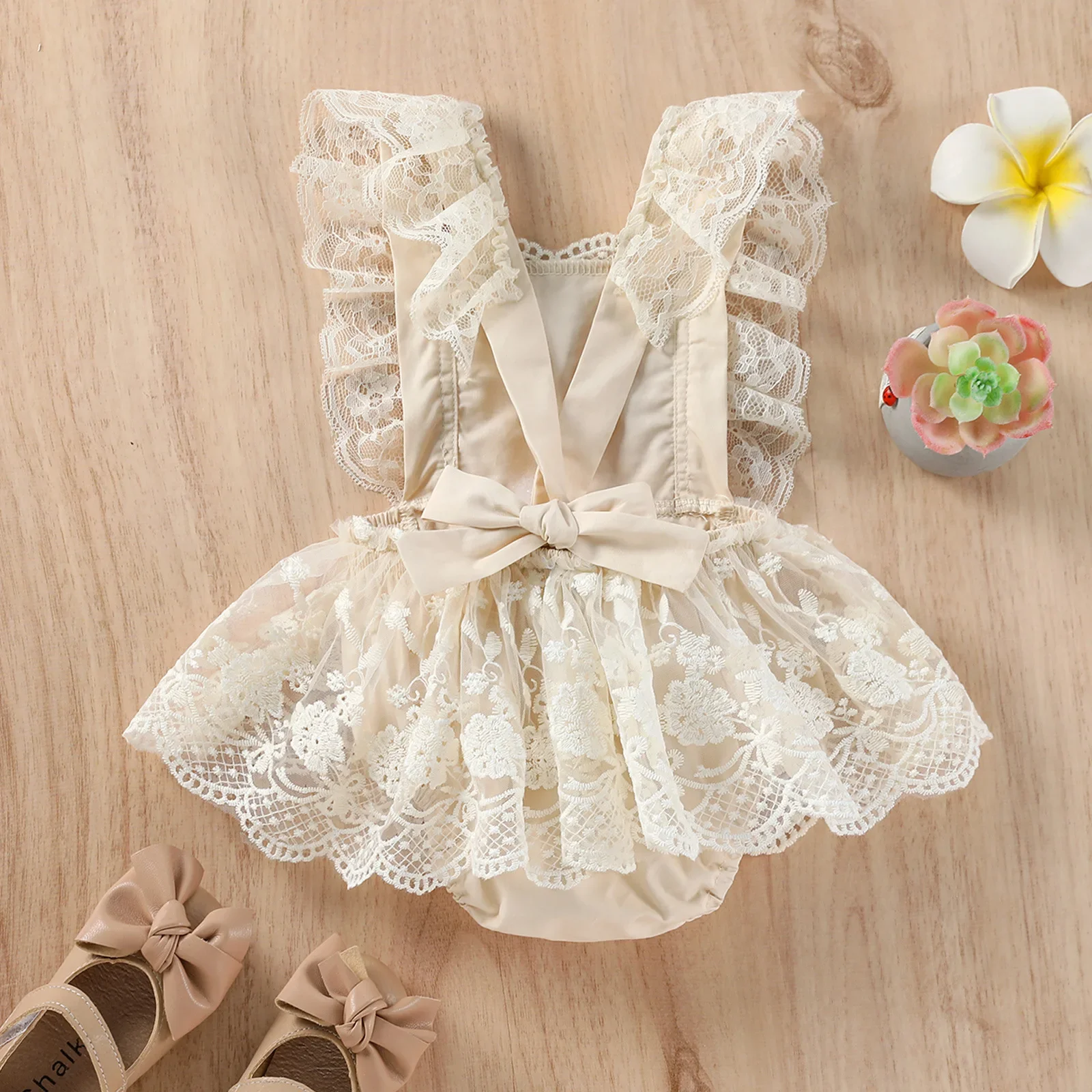 Newborn Baby Girl Romper Dress Sleeveless Mesh Tutu Dress Baby Girls Lace Embroidery Backless Lace Up Bow Dress Jumpsuits