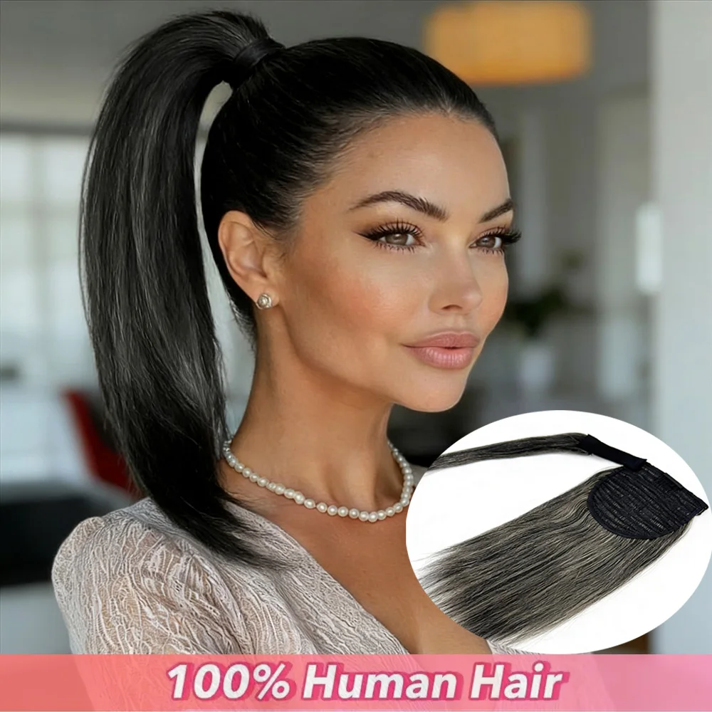 Straight Grandma Gray Ponytail Extension Hairpieces 100% Human Hair for Women Daily Wear  Natural Pony Tail Wrap Around Clip in