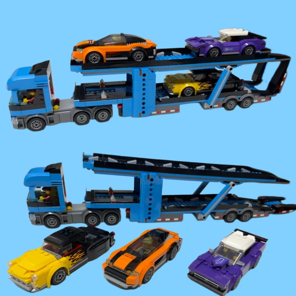 City series car transport truck building blocks, double-decker truck trailer with sports racing car, DIY assembly toy set view 3