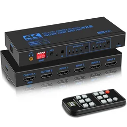 4K 60Hz HDMI Matrix 4x2 with Optical & 3.5mm Stereo Audio Out HDMI Matrix Switcher Splitter 4 In 2 Out Support ARC HDCP 2.2 EDID