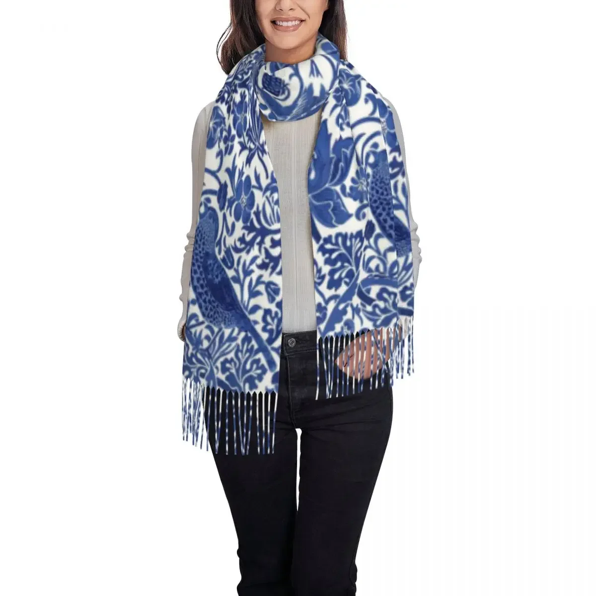 Custom Porcelain Blue Oriental Bird Pattern Tassel Scarf Women Soft Chinoiserie Shawl Wrap Ladies Winter Scarves