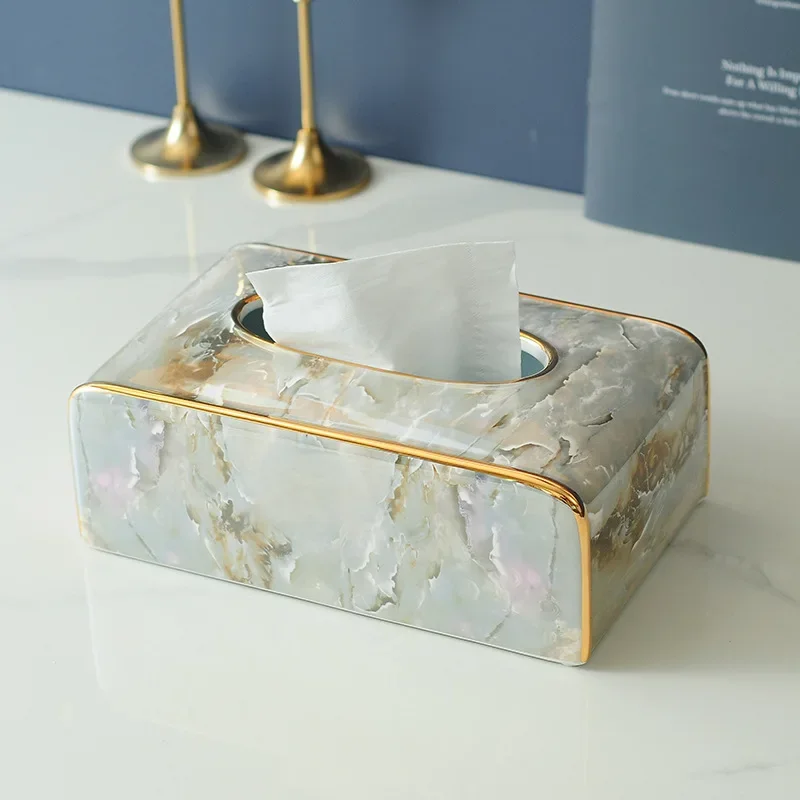 Nordic Marble Pattern Ceramic Tissue Box, Durable Home Decor Holder, Smooth and Elegant Display for Living Room