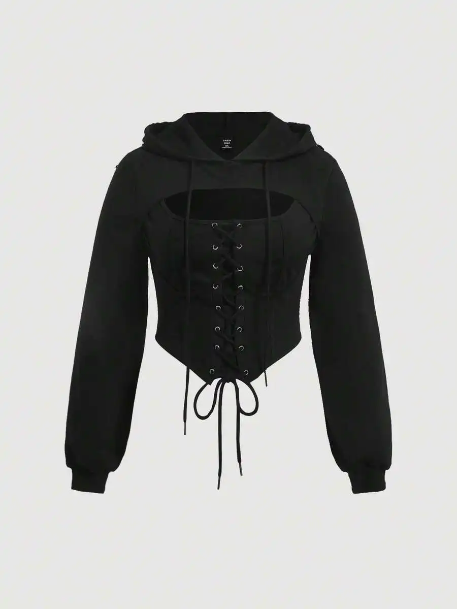 

Черная толстовка-корсет на шнуровке для женщин, повседневный стиль осень-зима