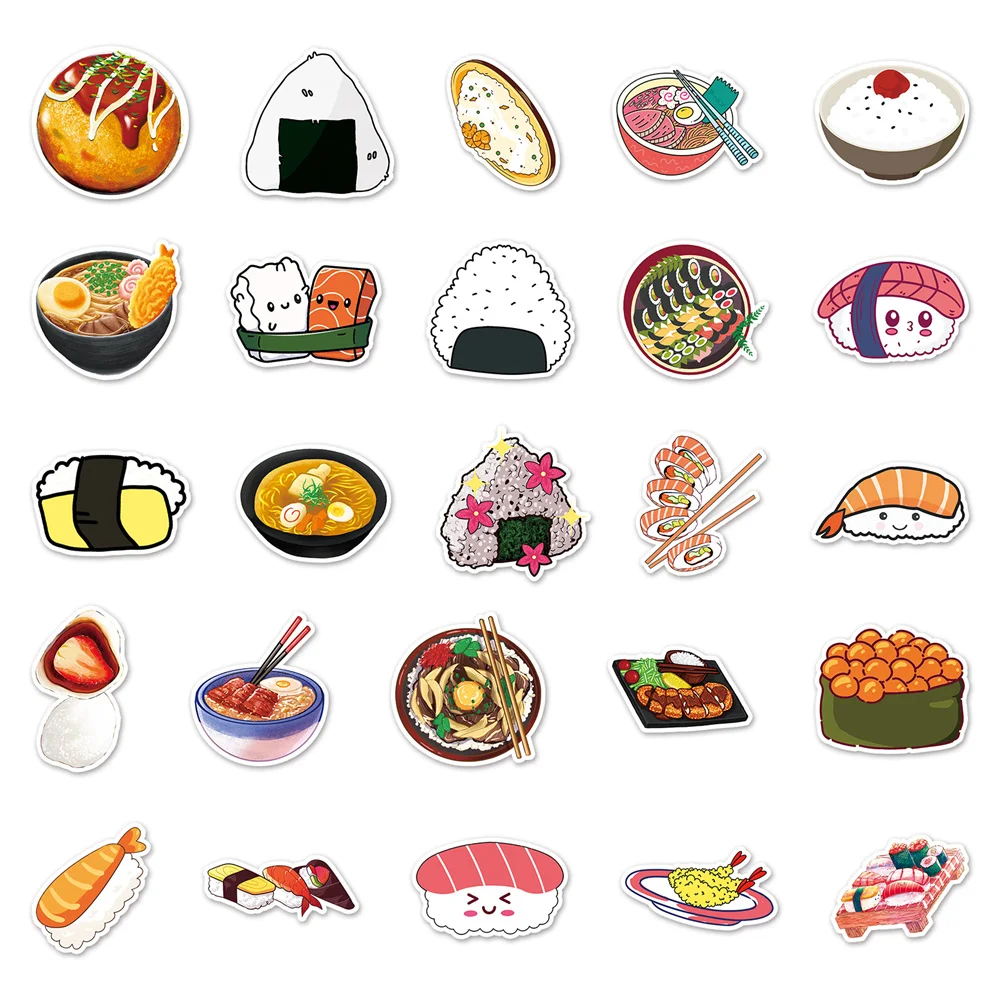 50PCS Cartoon Japanese Food Sushi Ramen Personalized Creative Stickers Guitar TableCar Computer Skateboard Waterproof Decoration