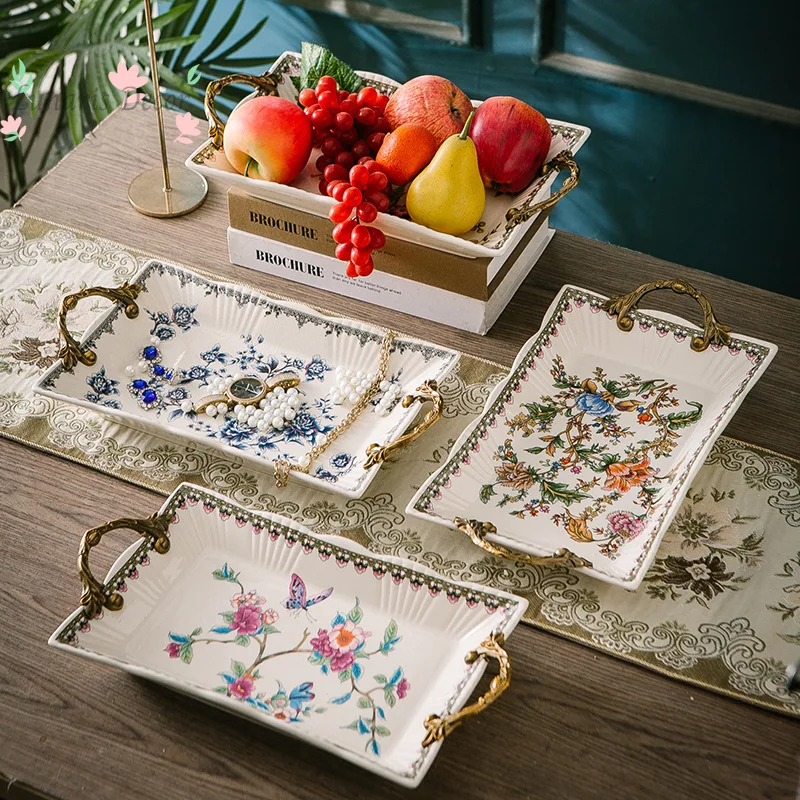 2PCSVilla model house light luxury retro ceramic tray European American creative binaural fruit plate living room decoration