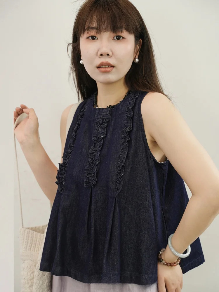 

LADYXIEXIE427 88, антивыцветающий винтажный шикарный деревянный джинсовый топ без рукавов, женский модный летний топ длиной, круглый, Ne irt