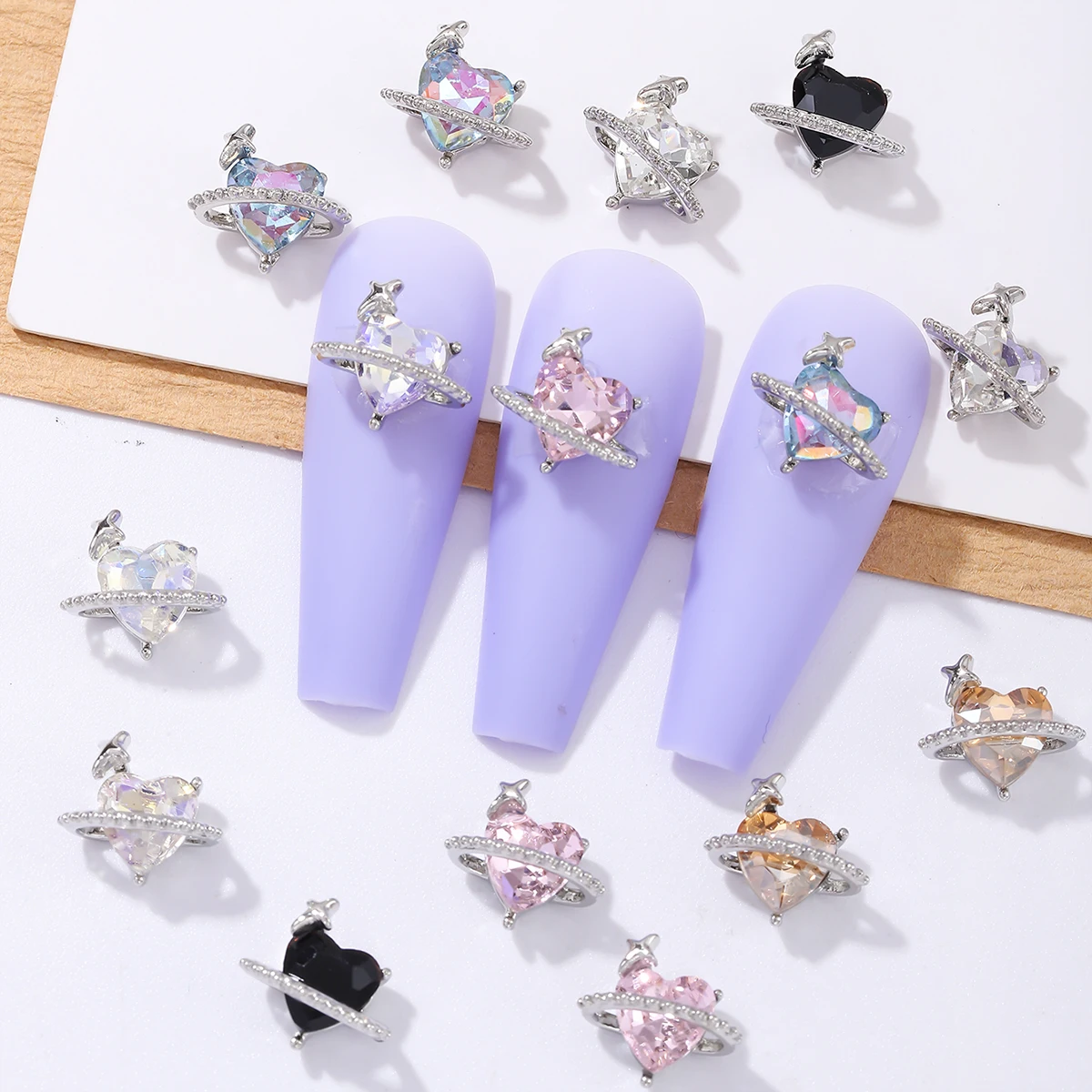 30pcs silver color diamond heart-shaped planet nail decoration, alloy rhinestone, y2k metal style DIY nail shape decoration