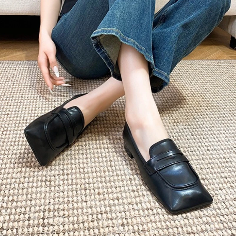 Women's Shoes Fashion Black Square Toe Leather Shoes Designer Loafers for Women New Comfortable Elegant Casual Shoes Women Shoe 3