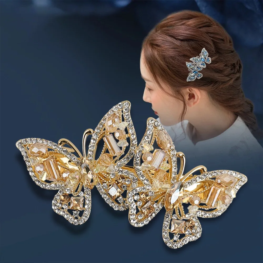 High End Hand Woven Straight Spring Hair Clip High-end Feel Diamond Inlaid Butterfly Hair Clip Half Tie Hair Accessory