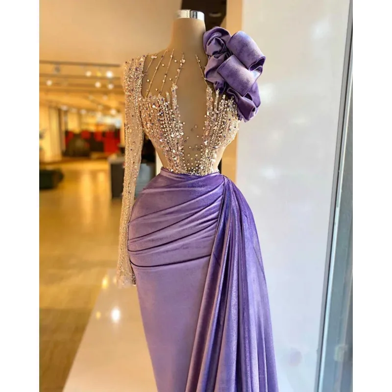 Luxo roxo cetim sereia vestidos de noite 2025 pesado frisado cristais ilusão corpete uma manga 3d flor vestido de baile personalizado