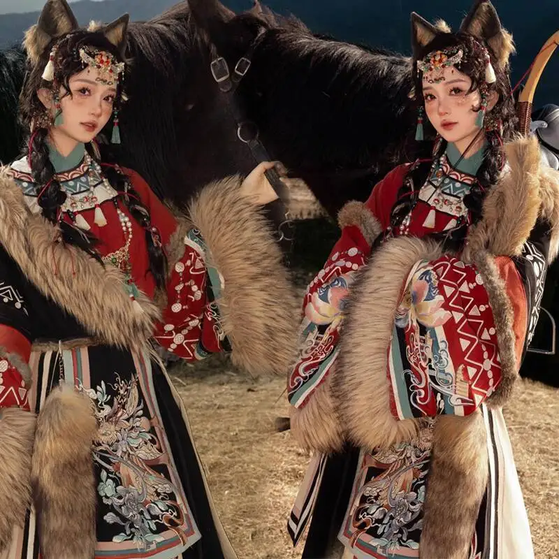 

Fiesta Carnival Halloween Cos Cosplay Big Fur Collar Tibetan Robe Tibetan Clothing Xizang Hat 2026 New Hanfu Women