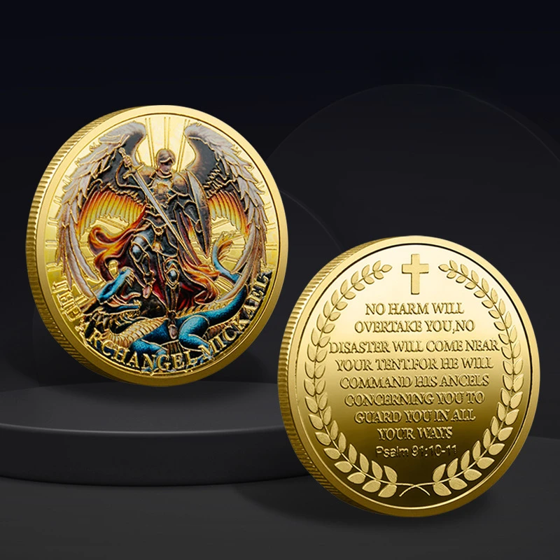 The Archangel Mickael Commemorative Lucky Coin Golden Plated Color Medallion Guardian Angel Collectible Coins