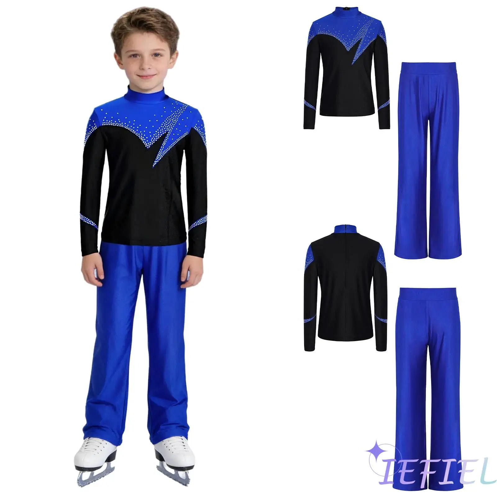 

Kids Boys Figure Skating Outfit Long Sleeve Back Invisible Zipper Shiny Rhinestones Top with Pants Ballerina Dance Costume