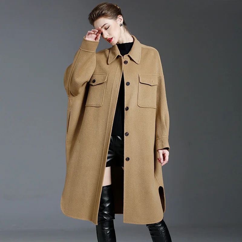 2024 Lady Fashion Style Wool Coats Spring Autumn Cashmere Long Jackets Women Real Fur Black Coats Oversize