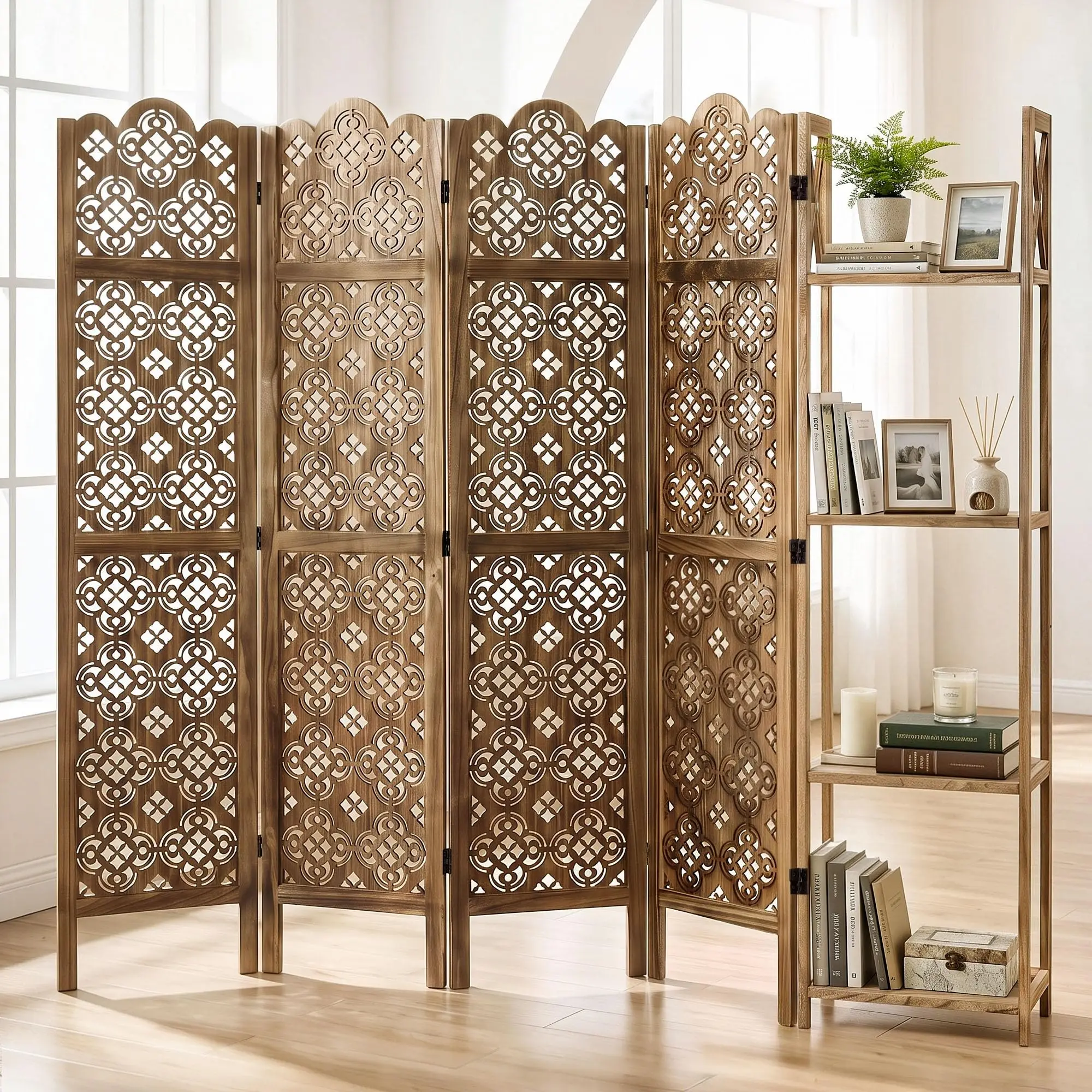 68.9Inch Folding Room Divider, 4 Panels Wood Carved Privacy Screens - Ideal Decorative Partition for Home, Office