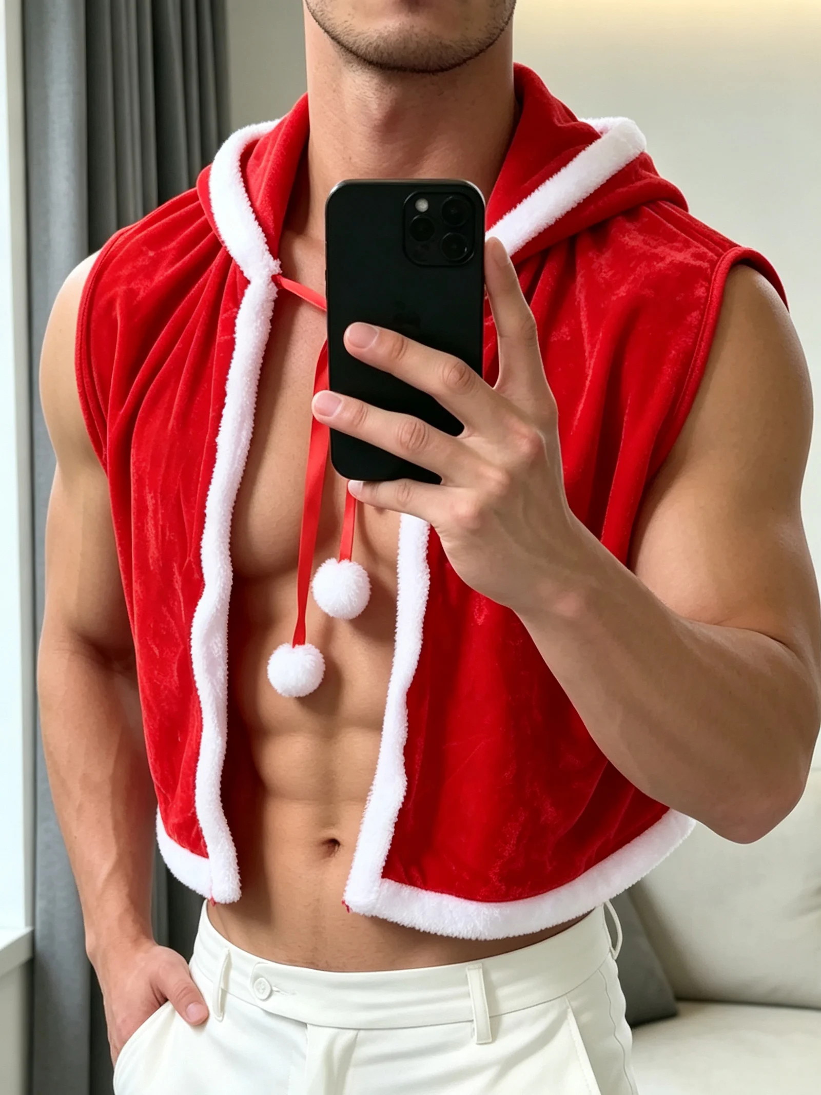 Sexy Weihnachtsoutfit, 2-teiliges Set, kurzer Kapuzenmantel, Weihnachtsmann-Mantel, Mütze, Herren-Cosplay, Samt, Weihnachtsfeier, Rollenspiel-Kostüm – Detail 6