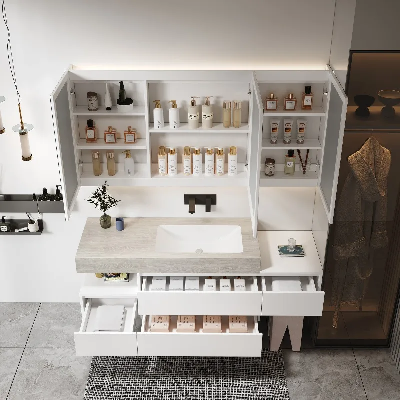 Modern Hotel Bathroom Vanity Sink Stylish Floating Vanity With Smart Anti-Fog Mirror Minimalist Solid Wood Cabinet