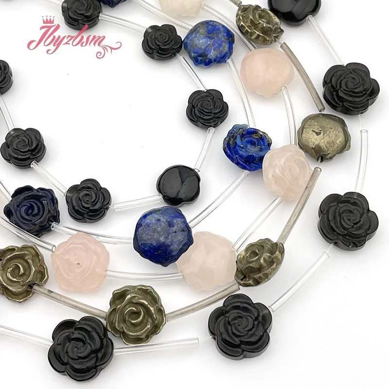 

Pyrite Lapis Lazuli Flower Beads Carved Natural Stone Loose Spacer Beads for Women Bracelet Necklace DIY Jewelry Making 15"