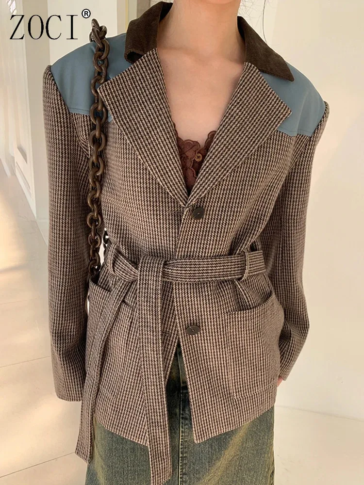 

ZOCI винтажные пиджаки контрастного цвета, женские офисные женские клетчатые куртки с поясом и сборкой на талии, новинка весны 2023 г.