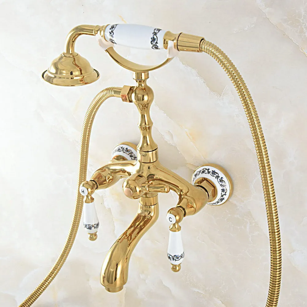 

Luxury Gold Color Brass Wall Mount Bathroom Bath Tub Faucet Set WITH/ 1.5M Handheld Shower Spray Head Mixer Tap Dna816