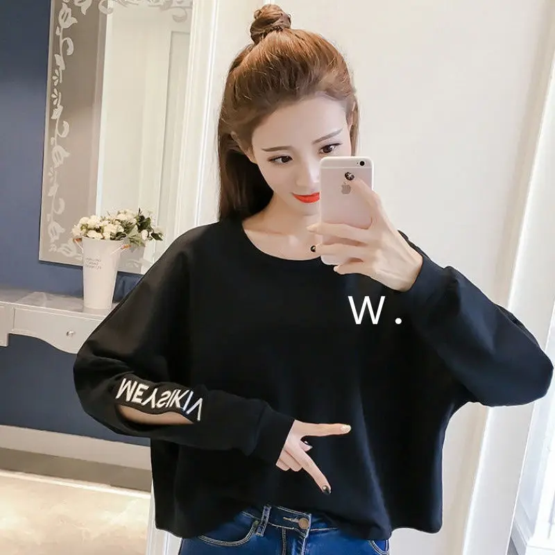 

Fashion Printed Letter Hollow Out Korean T-Shirt Female Clothing 2023 Autumn New Casual Oversized Tops Embroidery Tee Shirt