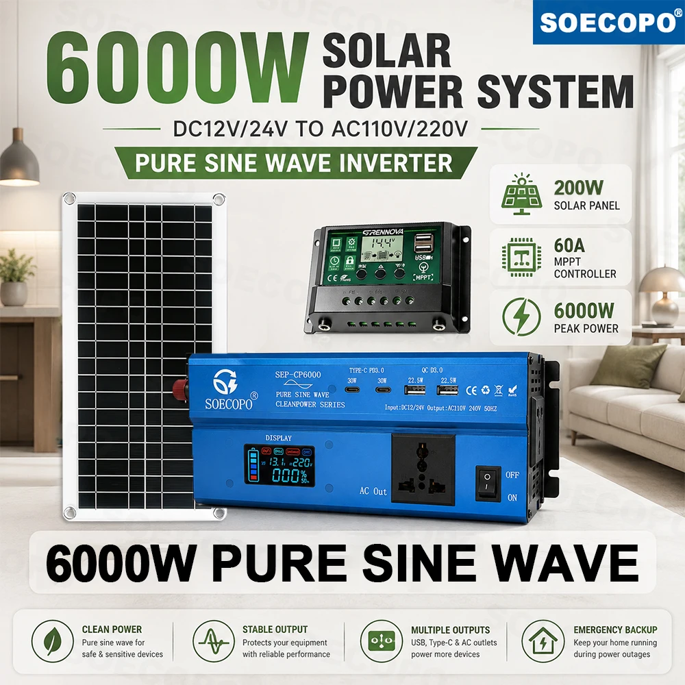 Off Grid Solar Power Kit 6000W Pure Sine Wave Inverter 12V 24V to 110V 220V 200W Panel 60A MPPT Controller for Home RV Backup