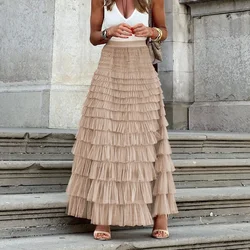Casual Solid Women Tierred Ball Gown Skirts Tulle High Waist Pleated Long Tutu Skirt Elegant Ladies Wild Mesh Dating Maxi Skirts