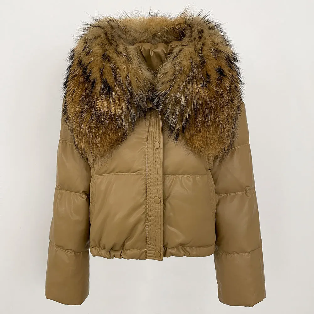 الطبيعية الحقيقية الراكون الفراء طوق سترات أسفل سترة النساء 2024 الشتاء الأبيض بطة أسفل معطف قصير الدفء سترة منفوخة كبيرة