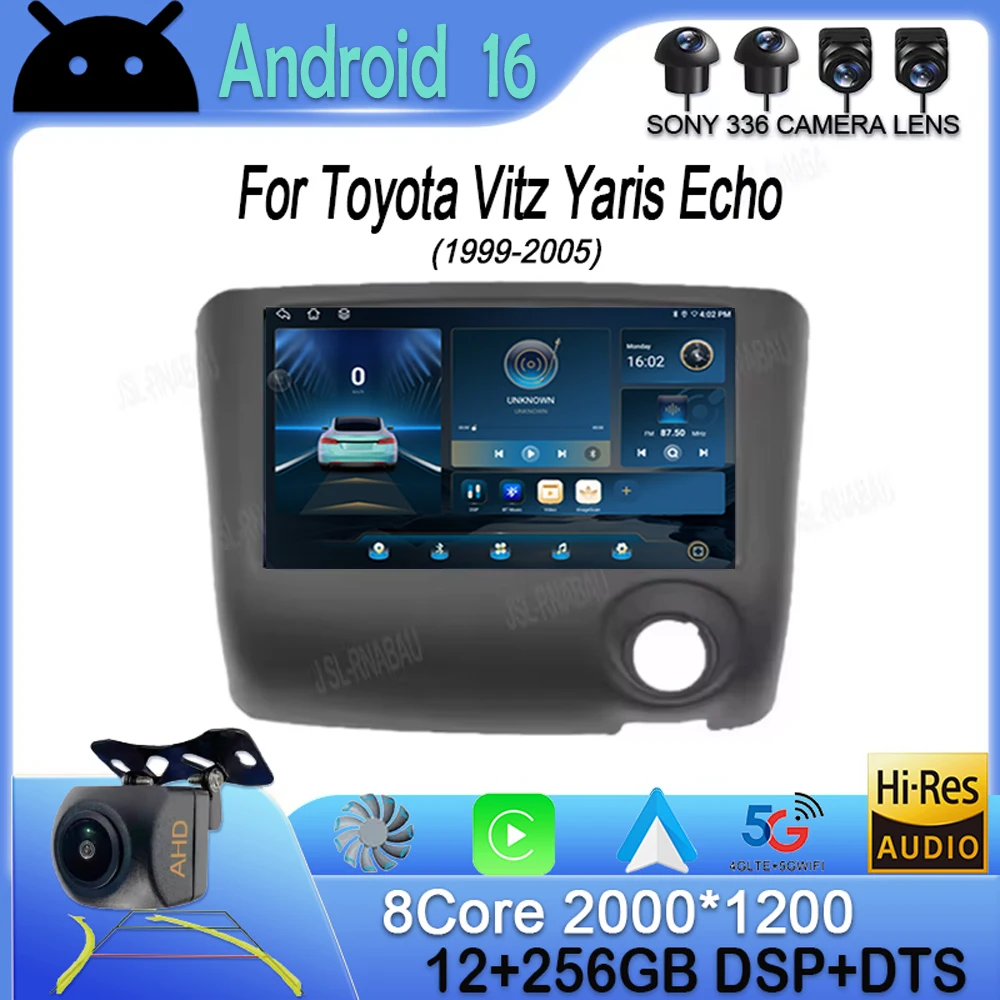 Android 16 para Toyota Vitz Yaris Echo 1999-2005, Reproductor Multimedia para Auto con Carplay, Radio, Navegación GPS, Sin 2Din, Sin DVD