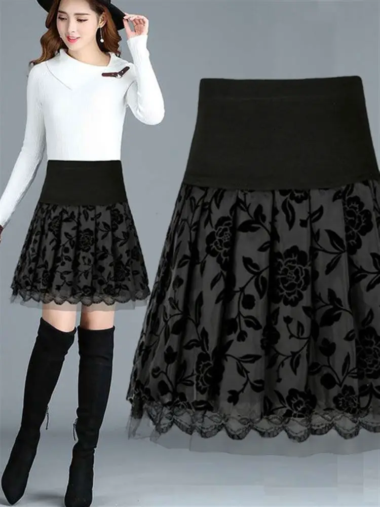 

Spring Summer New plus Size High Waist Flared Skirt Anti-Light Mesh Flower Half-length Pleated Puffy Skirt for Women