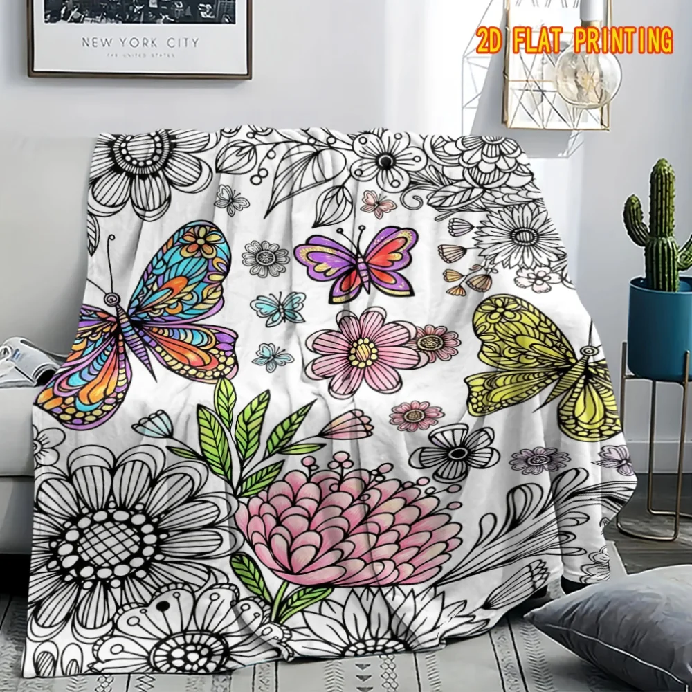 2D Flat Printing | Coloring Hand-Drawn Line Floral Butterfly Printed Soft Blanket, Black And White Outline Flowers And Leaves wi