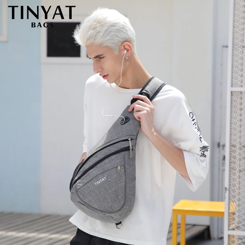 TINYAT New Man Sling Shoulder Bag Anti-Theft Crossbody Bag for 9.7\'\' Pad USB Charge Waterproof Travel Messenger Casual Chest Bag