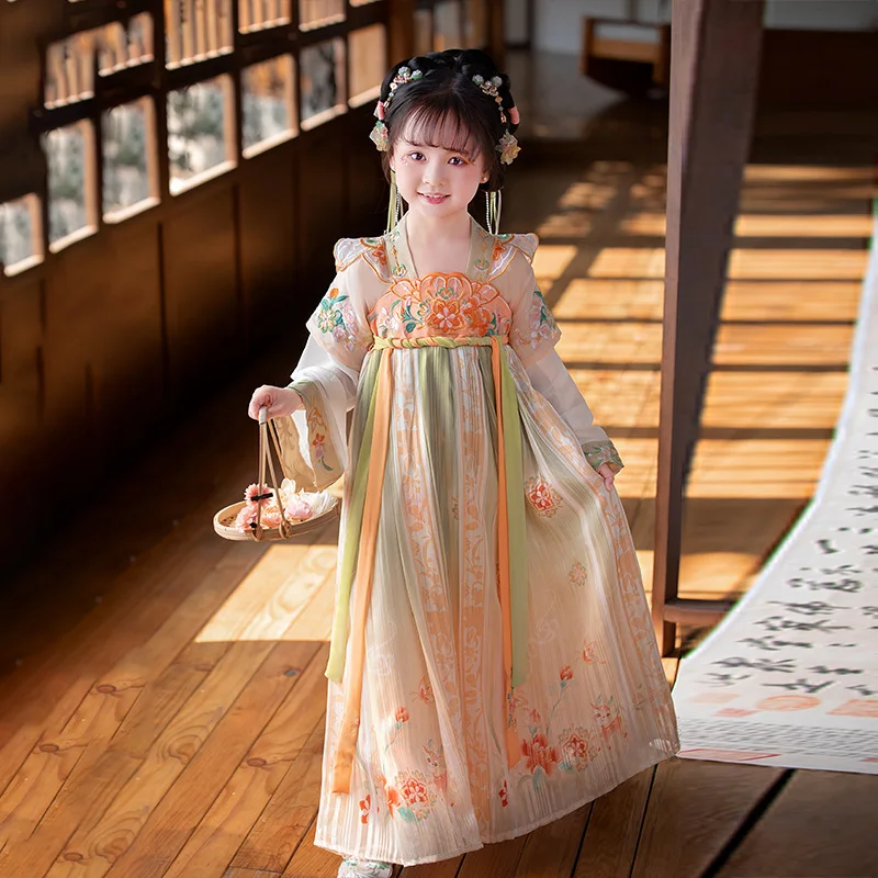 

2024 Summer Sweet Girl Dresses Chinese Children Embroider Flower Hanfu Girls Dresses Princess Cute Party Dress Kids Cosplay