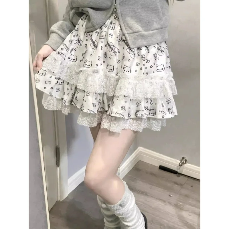 Spicy Girl Short Skirt Dark Printed Lace Half Body Skirt Women's Subculture Puff Cake  A-line Skirt