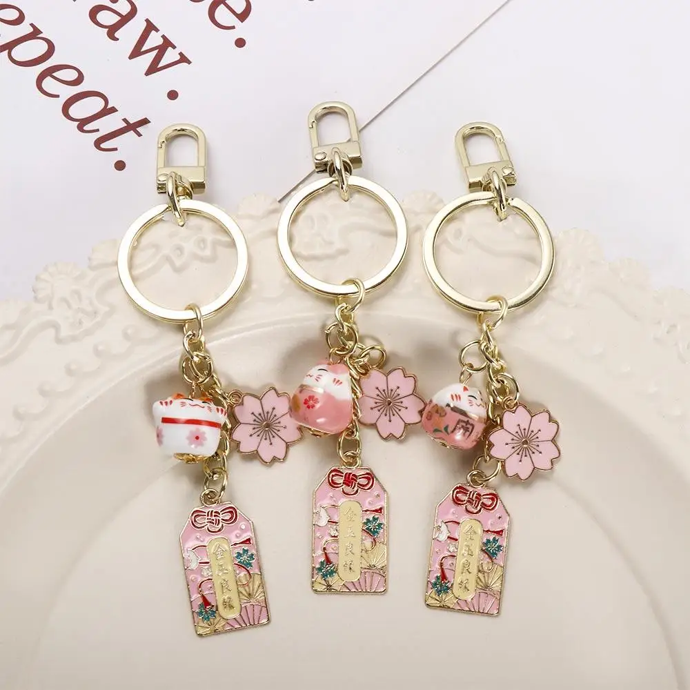 Birthday Gift Maneki Neko Pendant Car Key Chains Friend Lucky Cat Keychain Phone Charm Mobile Phone Strap Sakura Amulet Keyring