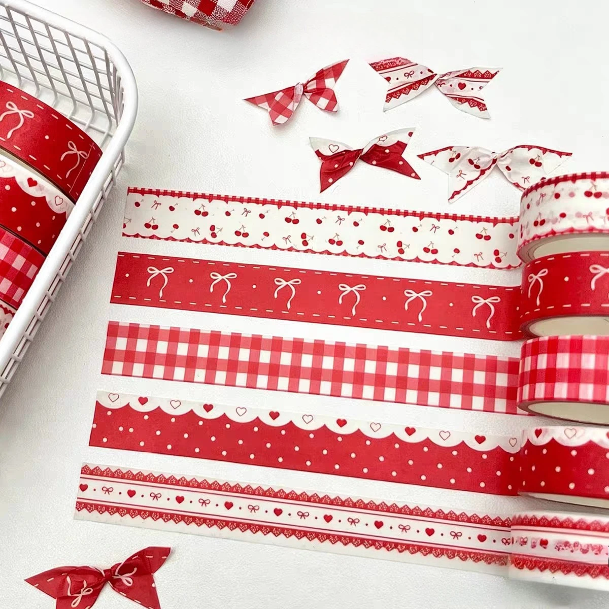 5 Rolls Korean Aesthetic Red Washi Tape Bow Cherry Checkered Dot Decorative Masking Tape For Journal Scrapbooking Stationery