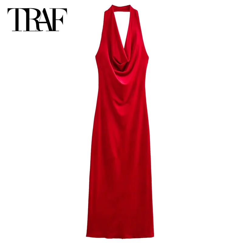 TRAF-vestido rojo con cuello Halter para mujer, Vestidos elegantes de fiesta para mujer, Vestidos largos de terciopelo de lujo, Vestidos Midi sin mangas y sin espalda