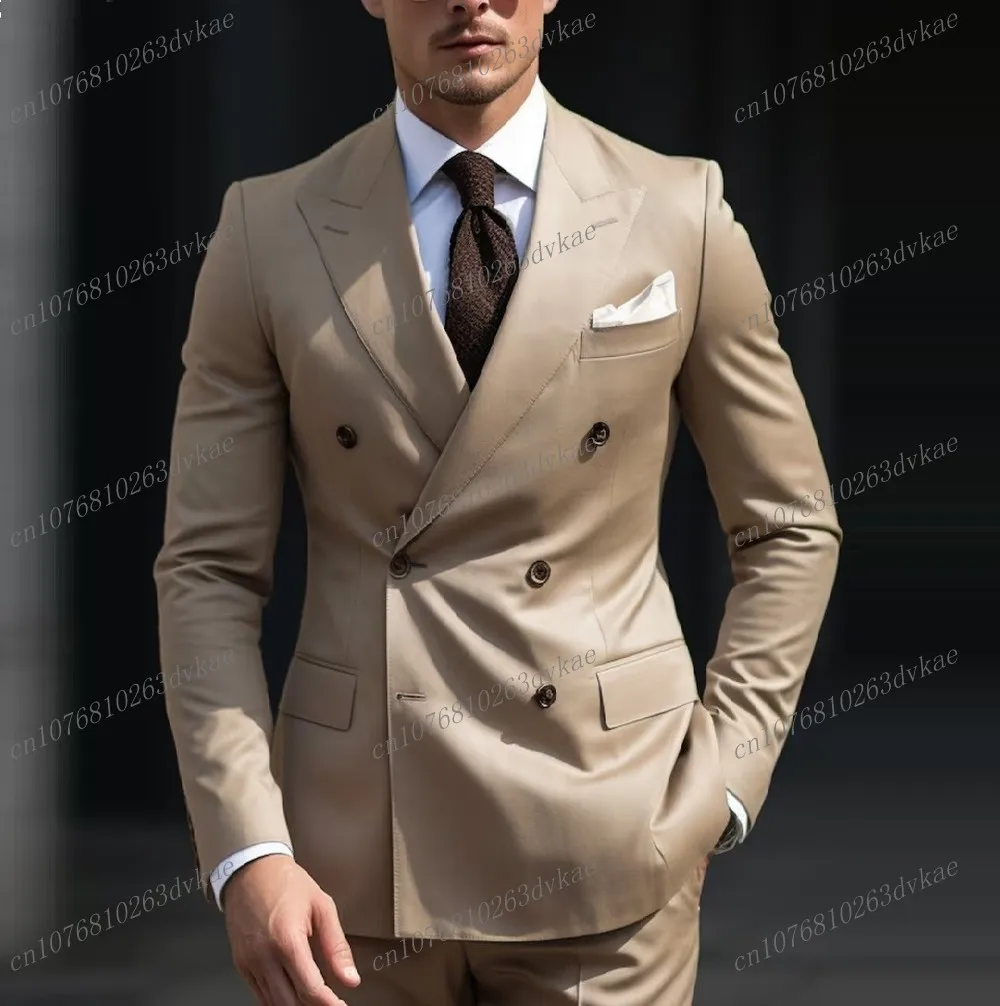 New Khaki Business Men Suit Groom Groomsman Tuxedos Wedding Party Prom Casual Formal Occasion 2 Piece Set Jacket Pants