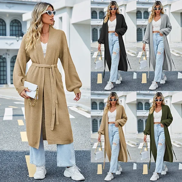 New Winter Womens Coat Loose Solid Color Tie Knit Cardigan Fashion Sweater for Women