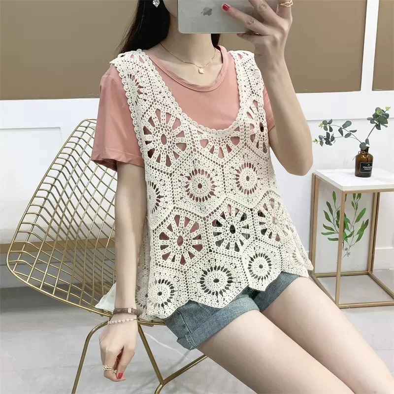 Women\'s Hollow Out Crochet Tank Top Sleeveless Summer Vest Korean Style Casual Holiday Beach Boho Beige Lace Top