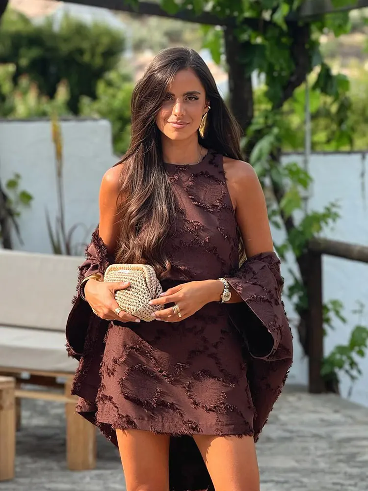 HH Summer Female Textured Fabric Elegant Straight Mini Dress Sleeveless Solid O Collar Side Zipper Hallow Fashion Slim Dress