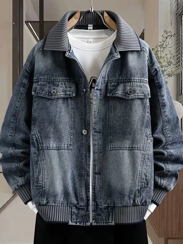 Fall Heavyweight Men's Workwear Jacket Casual Loose Denim Collar Stand Collar Multi-Pocket Patchwork Long Sleeve Short Coat