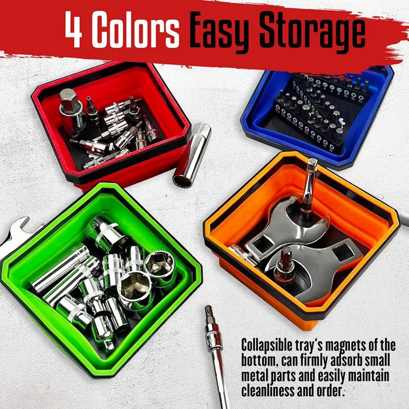 Fold Magnetic Parts Tools Tray Set, 4-Pack Foldable 4.5Inch Square Silicone Bowls With Double Sided Magnetic Base