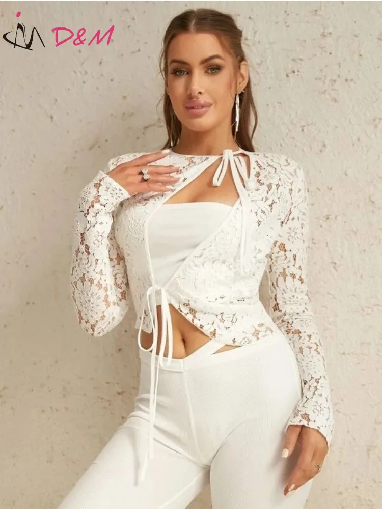 D&M Women Top Elegant Long Sleeves Tie Front Cut Out Lace Tops Without Tube Crop Top Sexys White Spring and Summer Y2k Tops