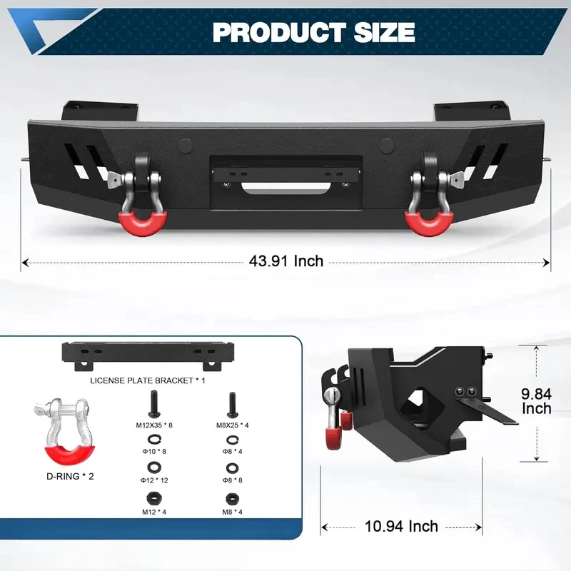 Car Accessories Mid-width Central Front Bumper With Winch Plate D-rings License Bracket Offroad Collision Parts