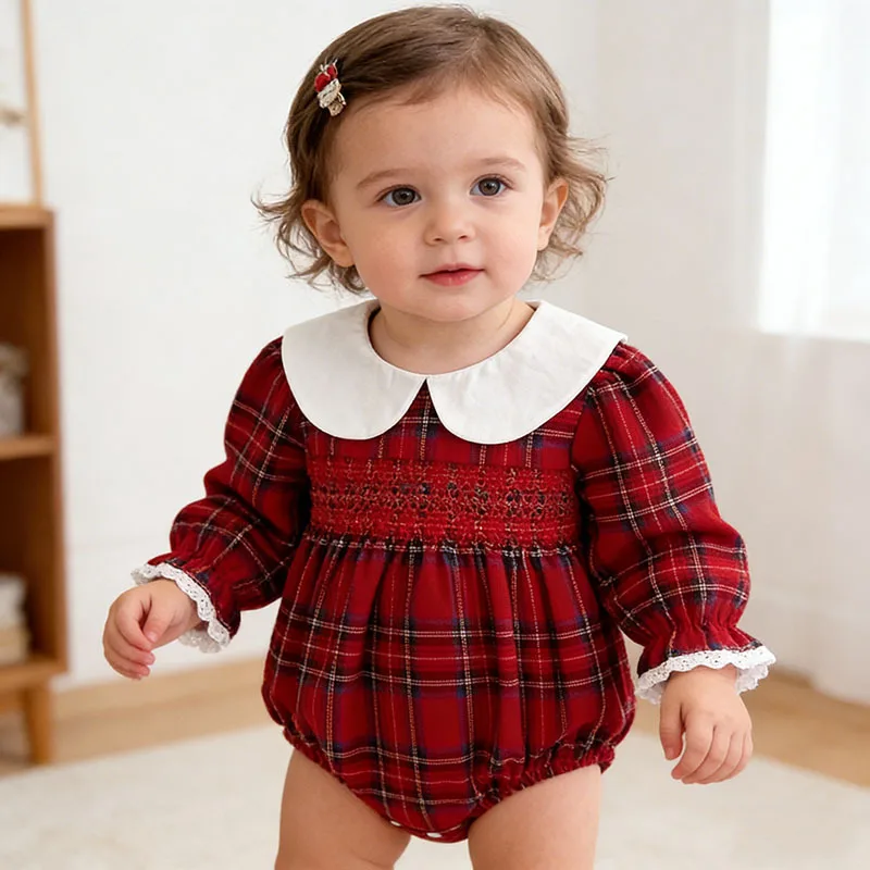 Girls Baby Bodysuit Christmas Pattern Long Sleeve Plaid Collar All-in-One Suit for Crawling Full-Month Celebration Clothing