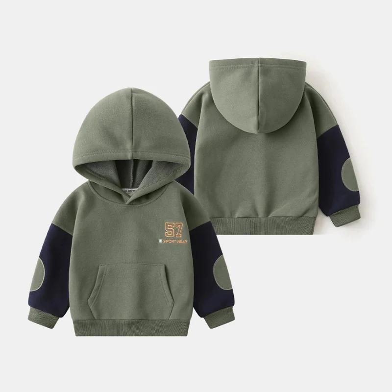 Boys Letter Embroidery Hoodie Autumn Winter Color Blocking Polar Fleece Warm Sweatshirt Casual Top for Kids 2-8 Years