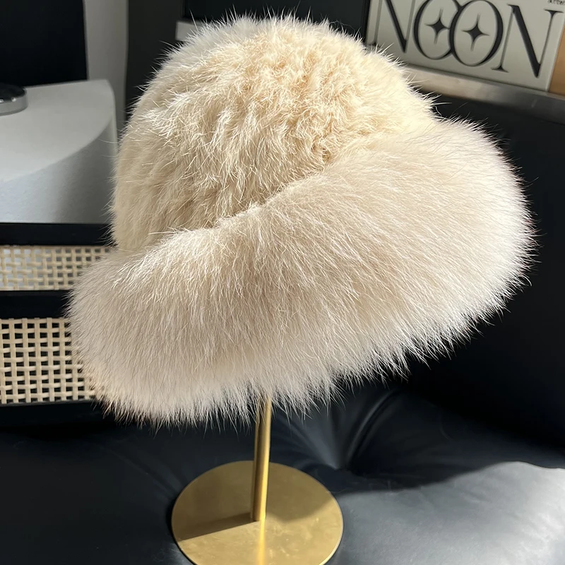 المرأة الفاخرة الشتاء قبعة ريال ريكس الأرنب الفراء الدافئة لينة منفذها القبعات سيدة الشتاء قبعة الفراء الحقيقي بيني #5